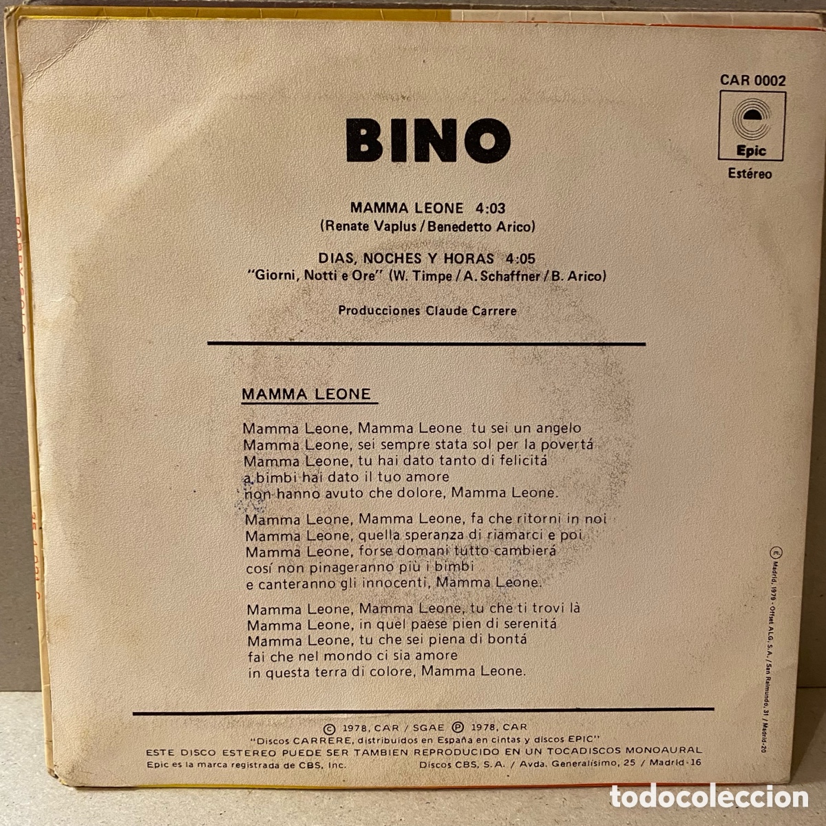 Discos de vinilo: Bino - Mamma Leone (7&rdquo;, Single) - Foto 2