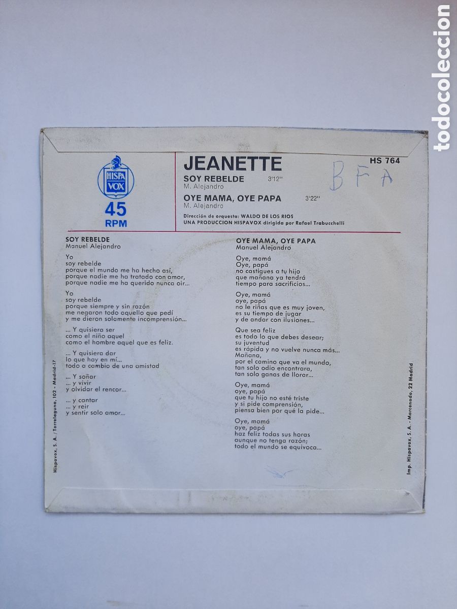 Discos de vinilo: Jeanette - Yo soy rebelde, single vinilo 1971 - Foto 2