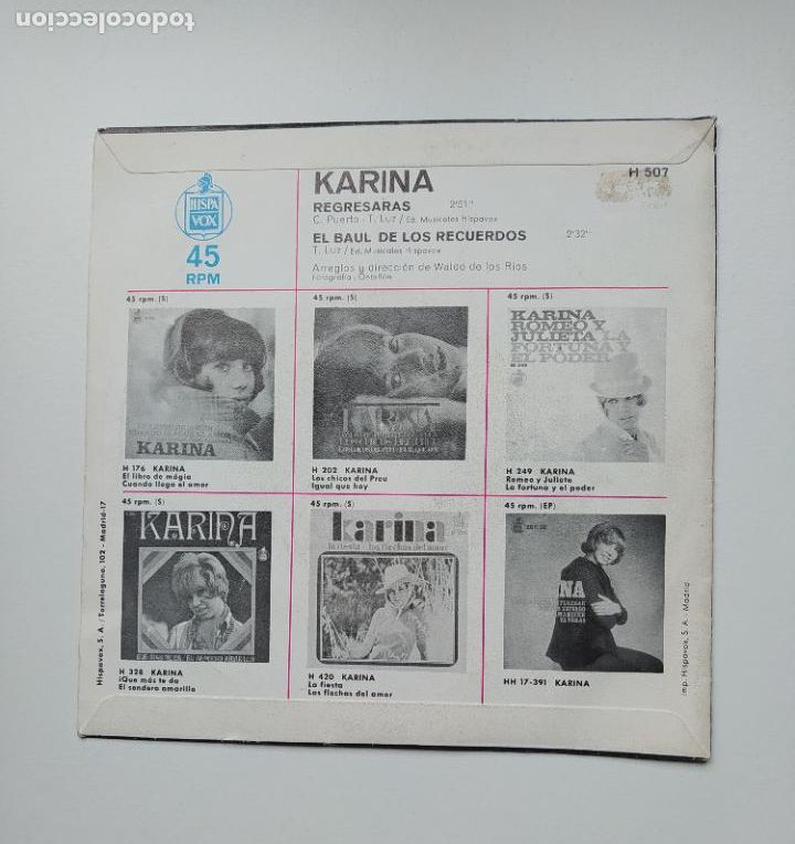 Discos de vinilo: KARINA - REGRESARAS - SINGLE. TDKDS25A - Foto 2