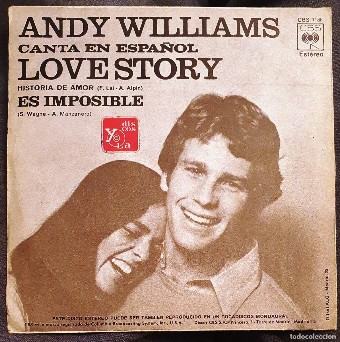 Discos de vinilo: DISCO SINGLES ANDY WILLIAMS. LOVE STORY. - Foto 2