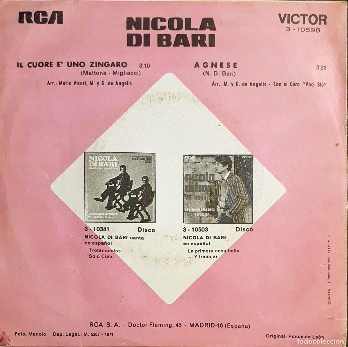 Discos de vinilo: DISCO SINGLES NICOLA DI BARI. IL CUORE E UNO ZINGARO. - Foto 2