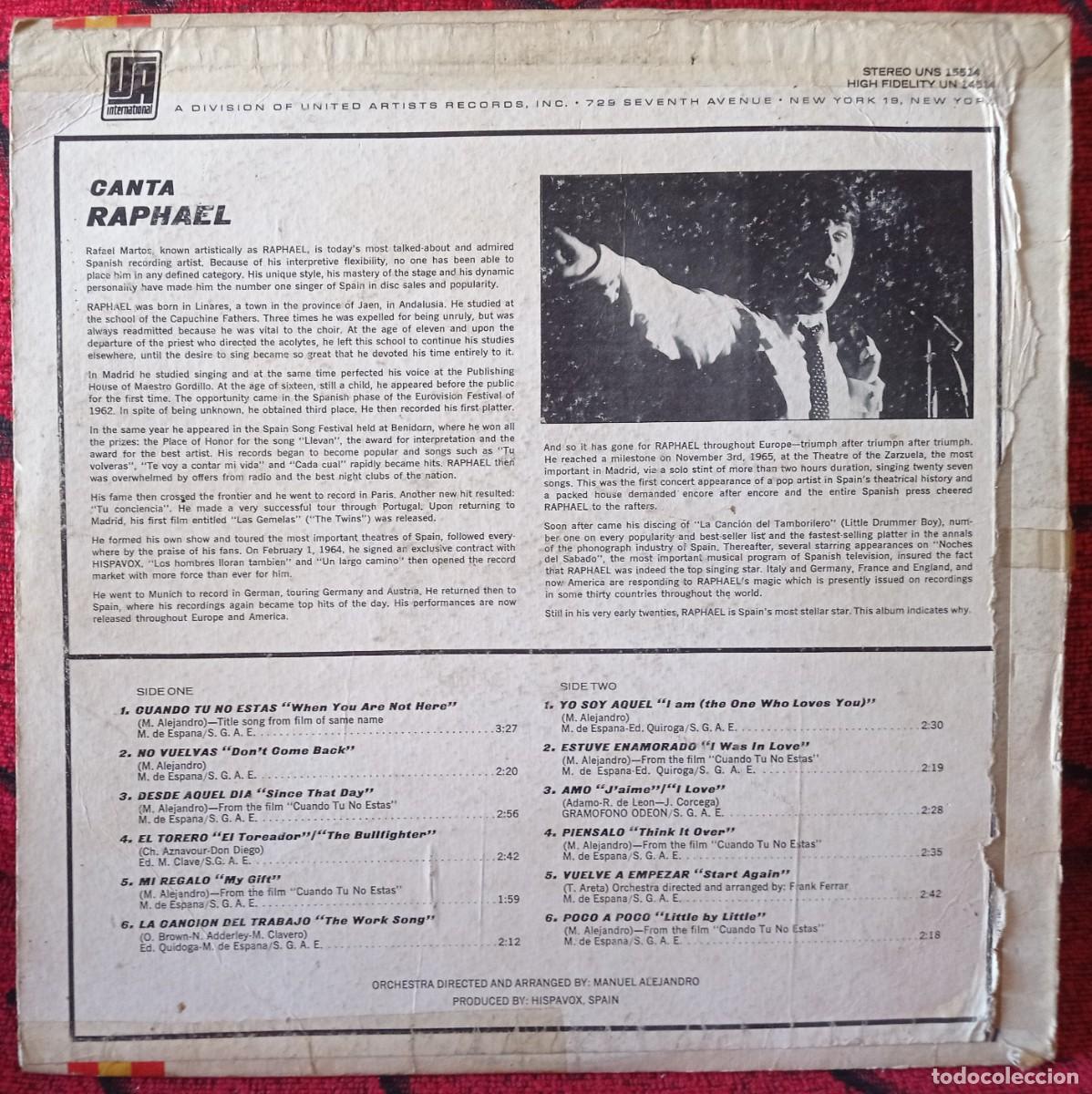 Discos de vinilo: RAPHAEL ** Canta... Raphael ** VINILO LP ORIGINAL USA - Foto 2