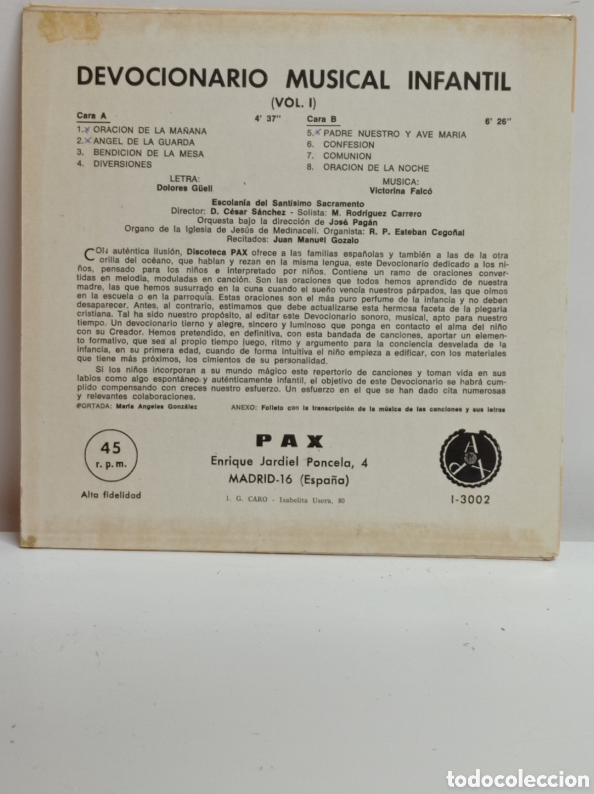 Discos de vinilo: DEVOCIONARIO INFANTIL VOL.1 (PAX 1959) - Foto 2