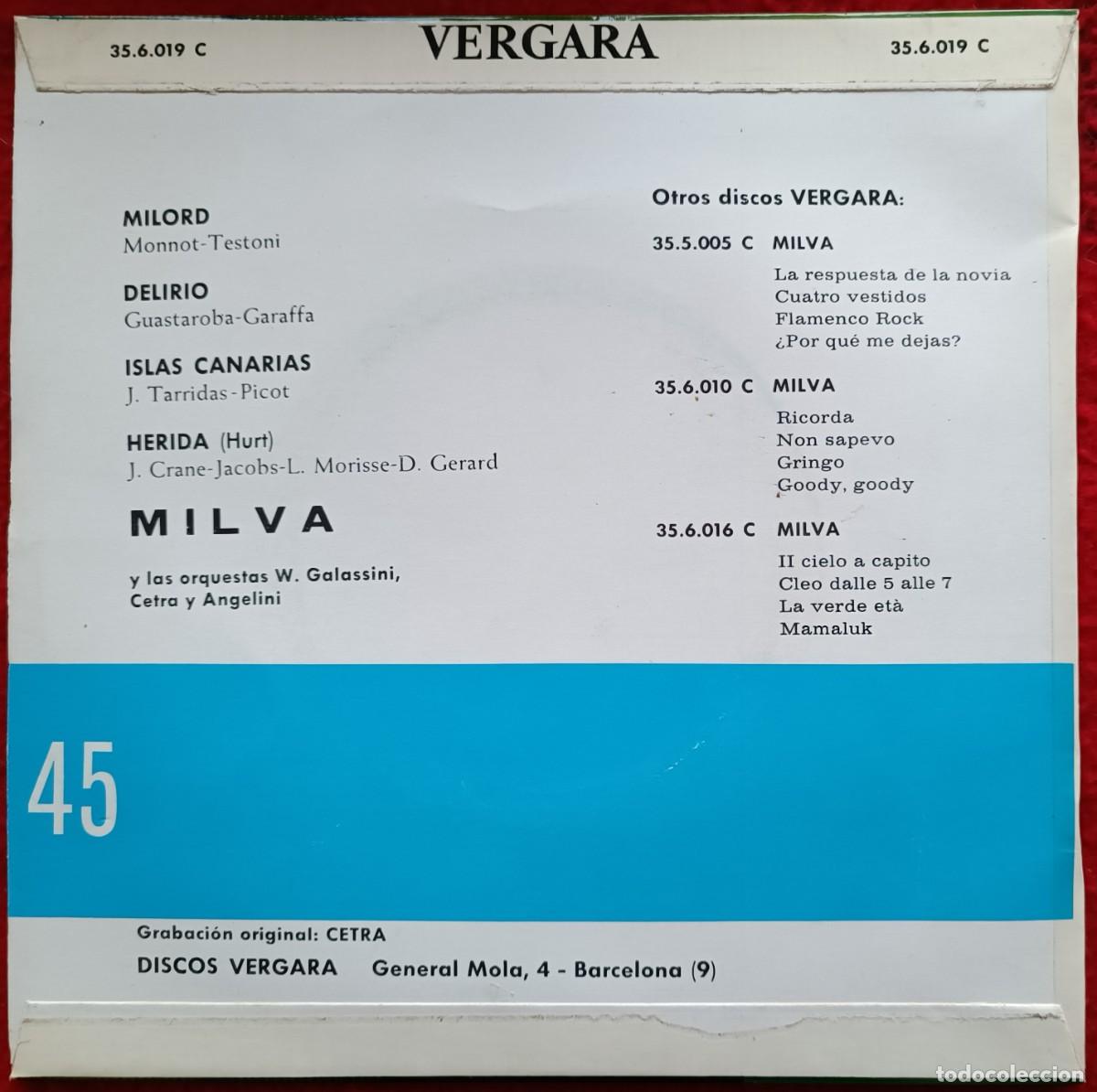 Discos de vinilo: MILVA - MILORD 7&rdquo; EP 1964 POP - Foto 2