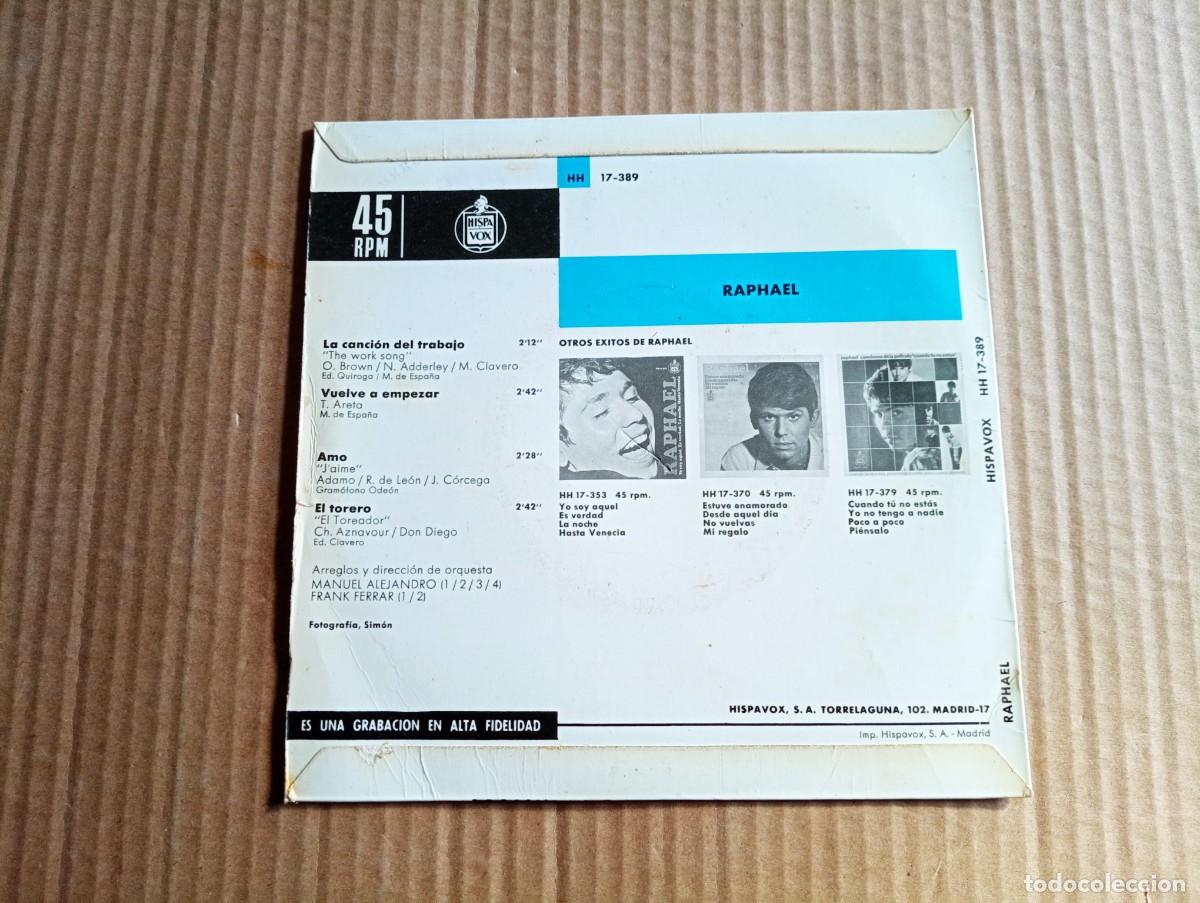 Discos de vinilo: RAPHAEL - LA CANCION DEL TRABAJO EP 4 TEMAS 1966 - Foto 3