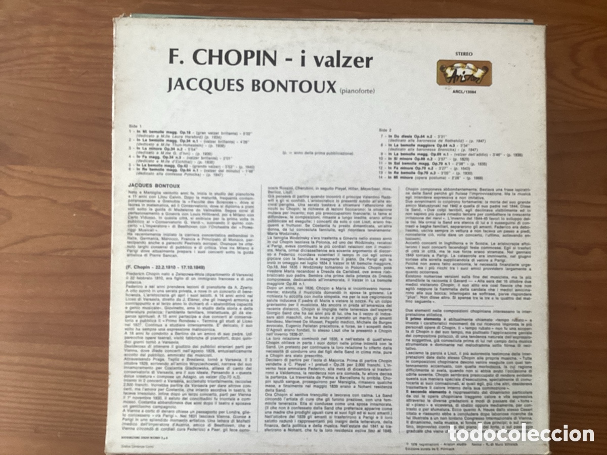 Discos de vinilo: F. CHOPIN - i valzer JACQUES BONTOUX (pianoforte) - Foto 2
