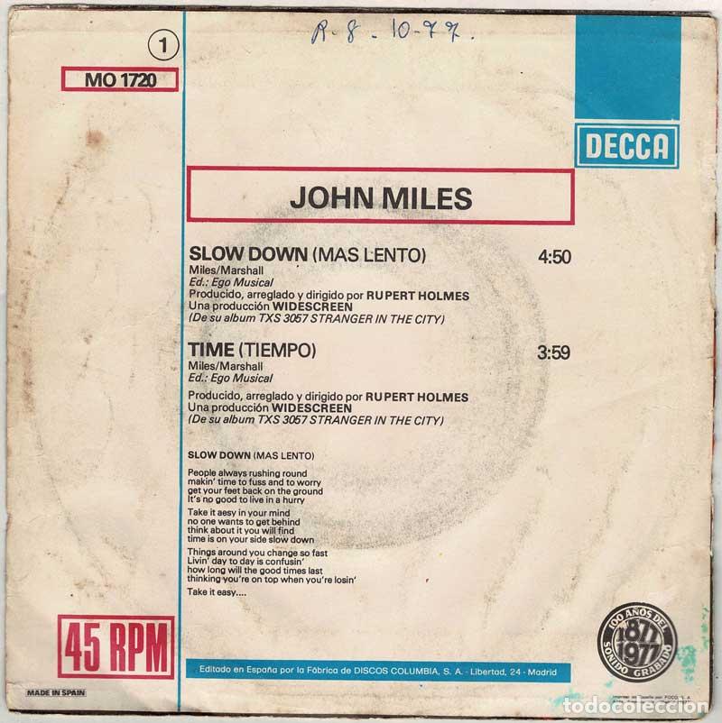 Discos de vinilo: John Miles - Slow Down / Time. Single - Foto 2