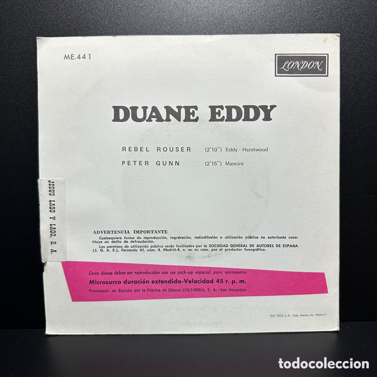 Discos de vinilo: Duane Eddy - Rebel Rouser / Peter Gunn (7&rdquo;, Single) - Foto 2