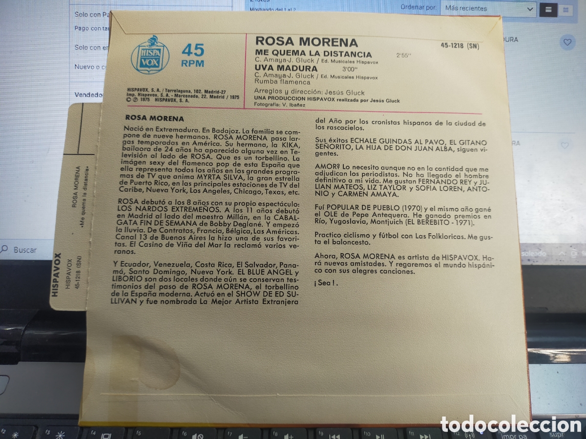 Discos de vinilo: Rosa morena single me quema la distancia 1975 - Foto 2