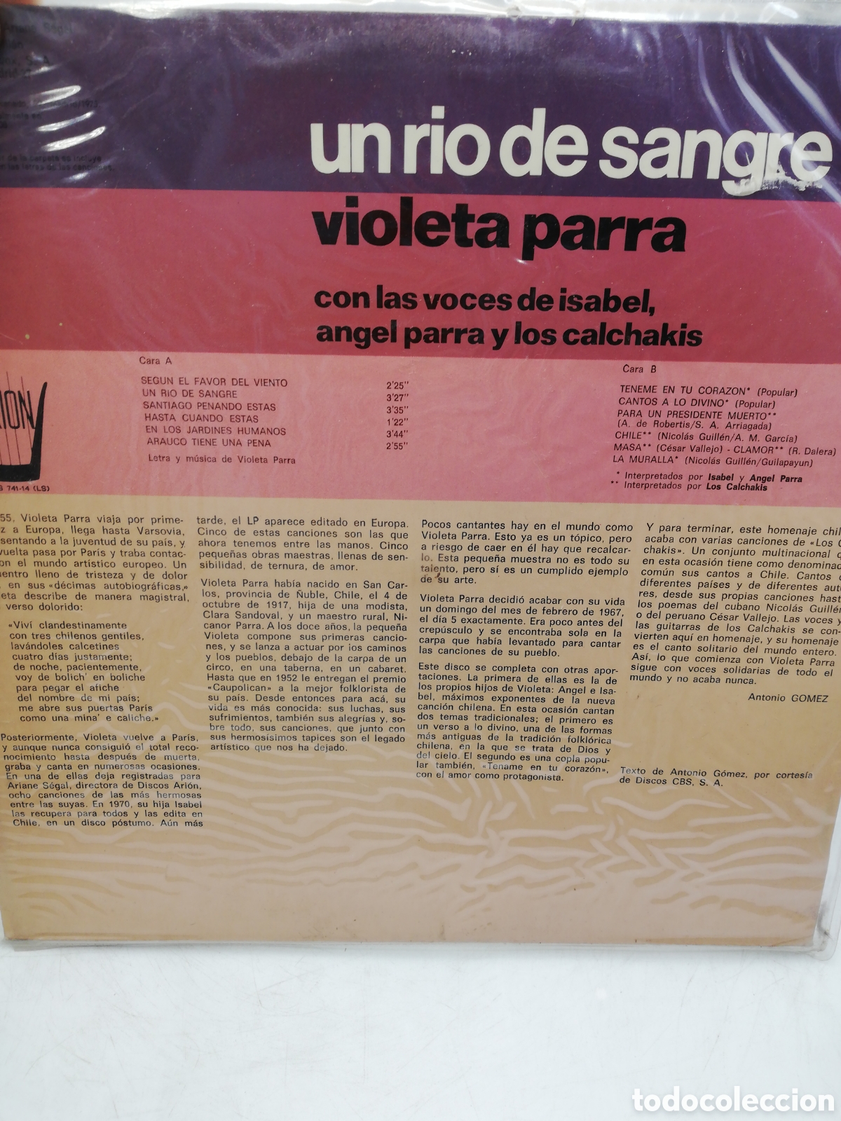 Discos de vinilo: Un r&iacute;o de sangre. Violeta Parra. LP. - Foto 2