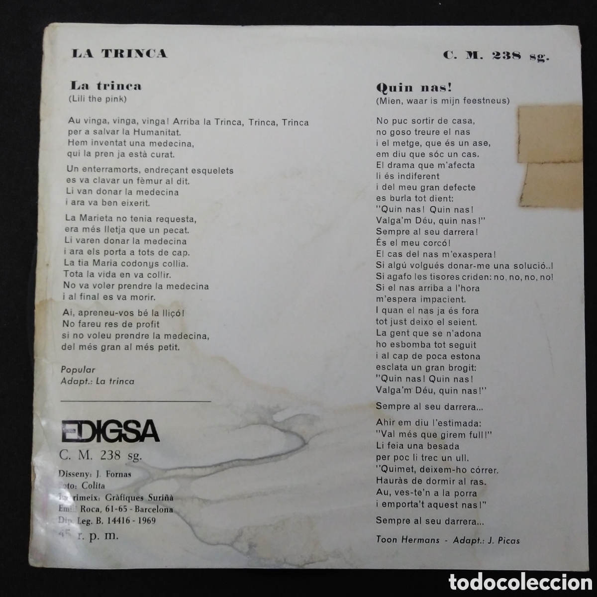 Discos de vinilo: LA TRINCA - QUIN NAS - 1969 - SINGLE 7&rdquo; - Foto 2