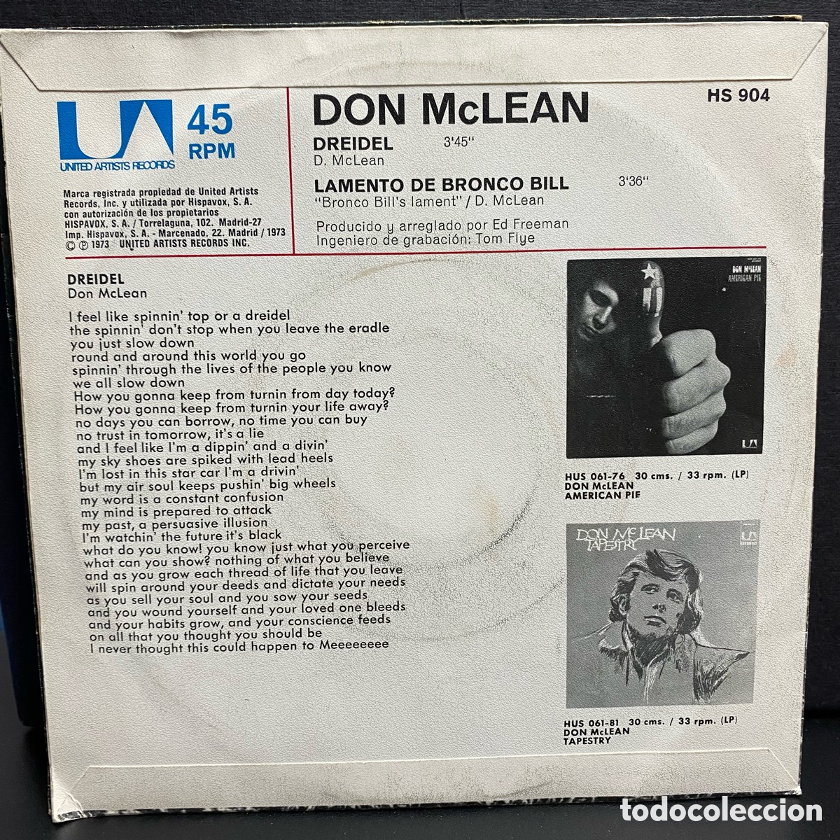 Discos de vinilo: Don McLean - Dreidel / Lamento De Bronco Bill (7&rdquo;, Single) - Foto 2