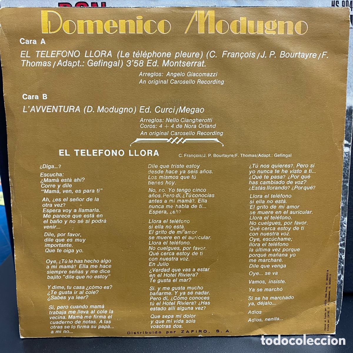 Discos de vinilo: Domenico Modugno - El Tel&eacute;fono Llora (7&rdquo;, Single) - Foto 2