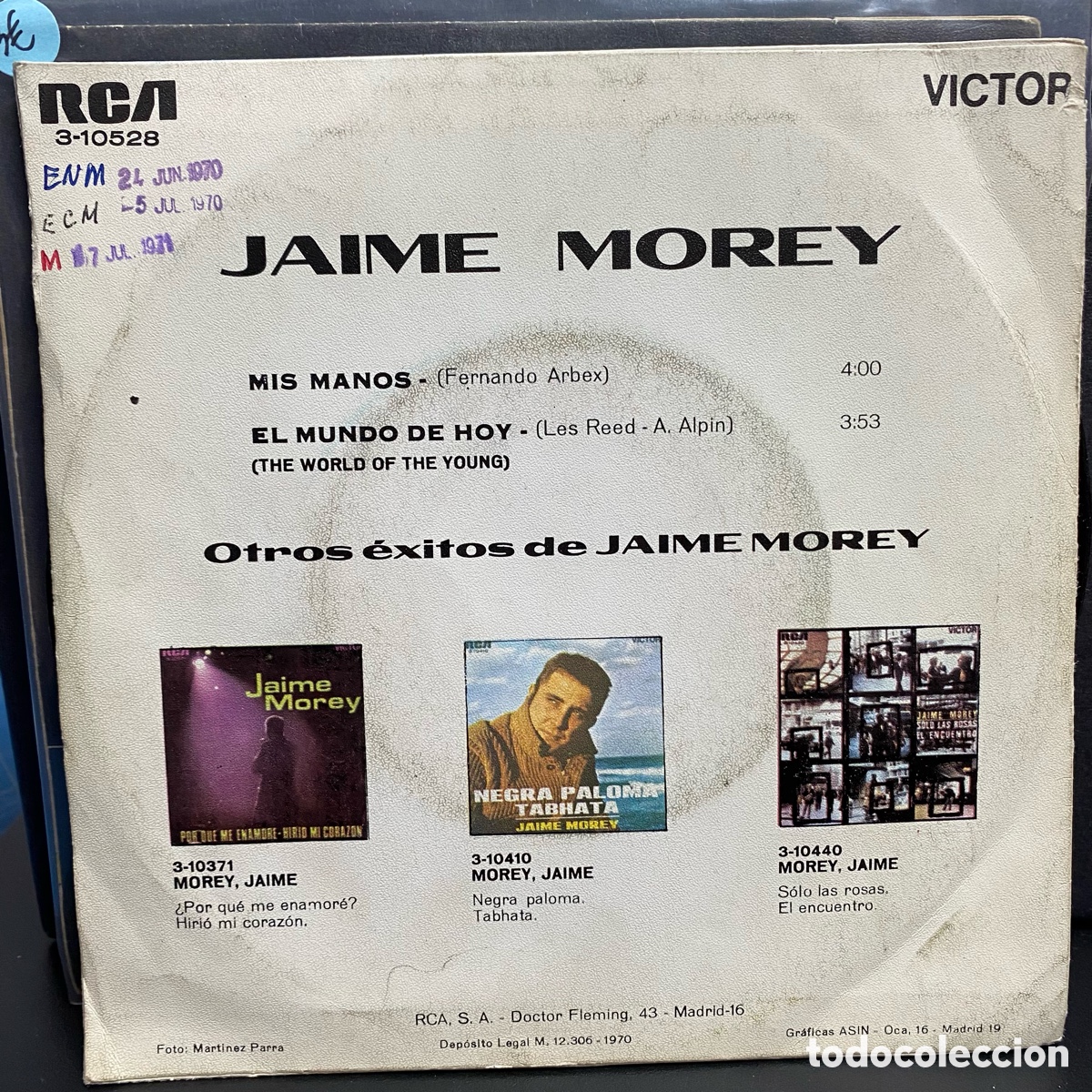 Discos de vinilo: Jaime Morey - Mis Manos (7&rdquo;, Single) - Foto 2