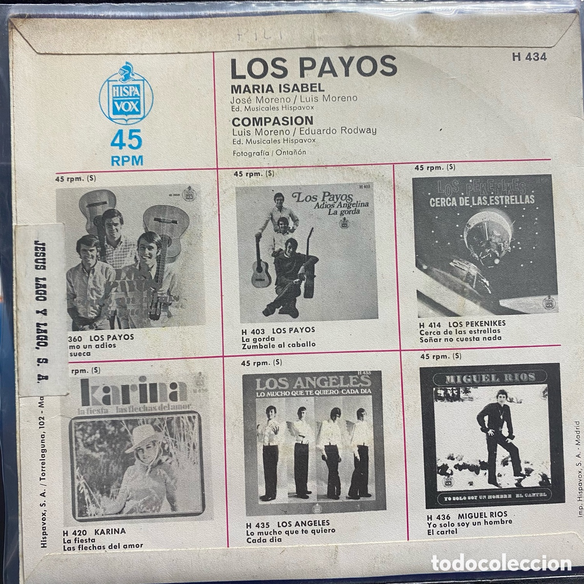 Discos de vinilo: Los Payos - Mar&iacute;a Isabel / Compasi&oacute;n (7&rdquo;, Single) - Foto 2