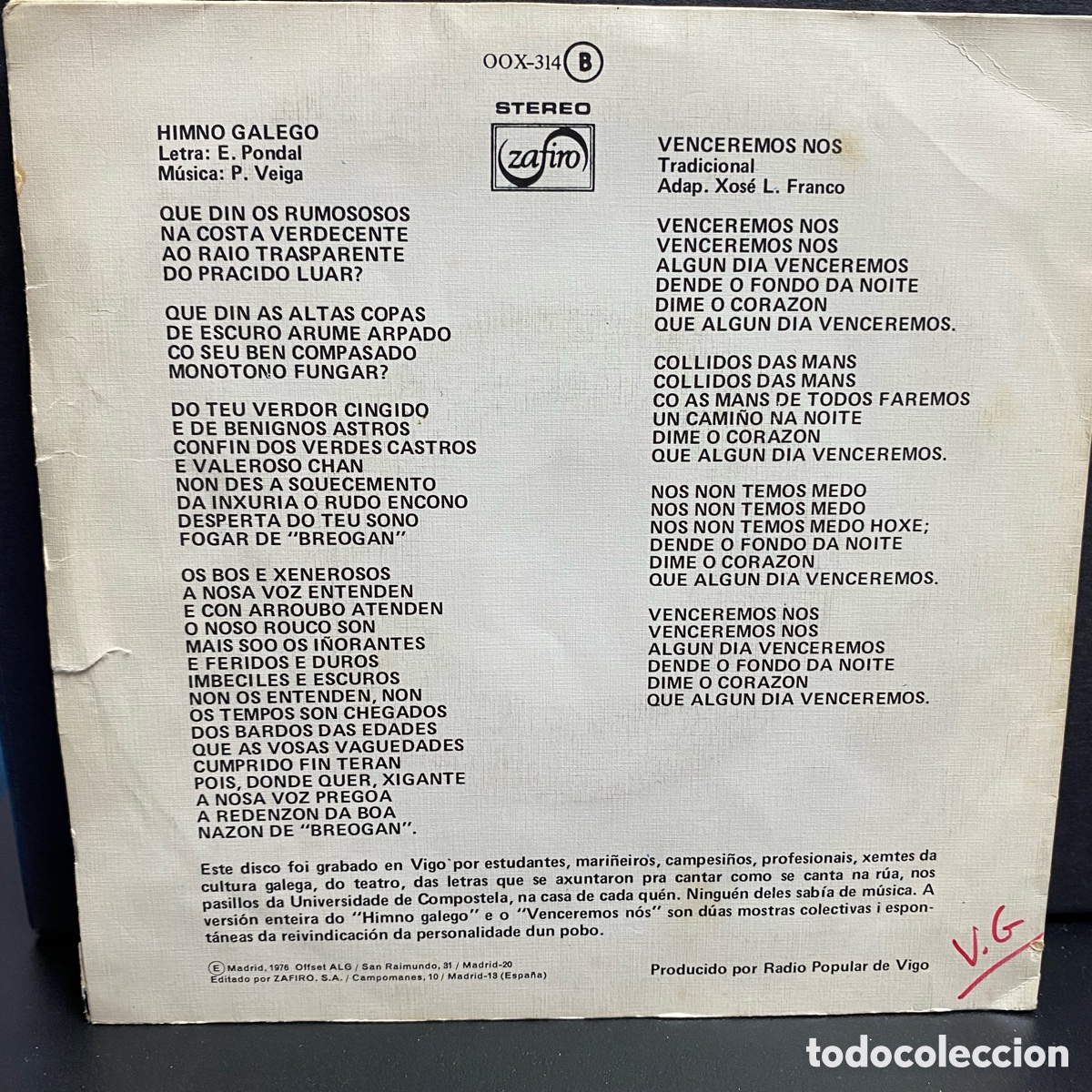 Discos de vinilo: Himno Galego (7&rdquo;, Single) - Foto 2