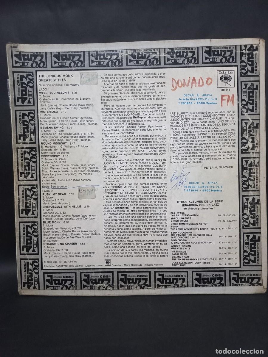Discos de vinilo: THELONIOUS MONK - GREATEST HITS / 80.113 - 1982 - Foto 2