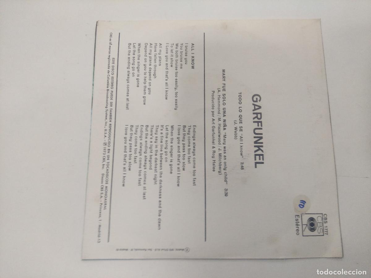 Discos de vinilo: GARFUNKEL/TODO LO QUE SE/SINGLE. - Foto 3