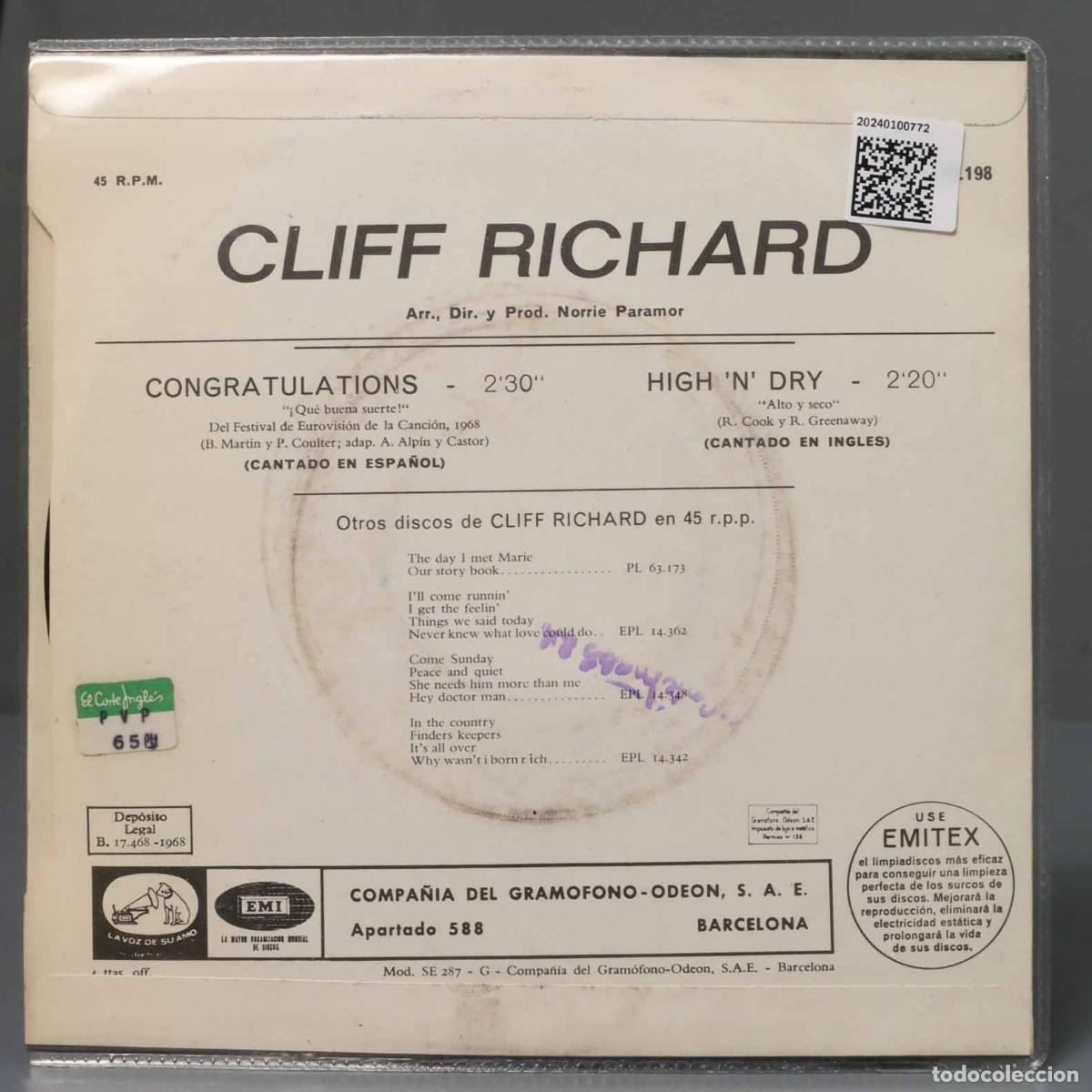 Discos de vinilo: EP. Cliff Richard &ndash; Congratulations - Foto 2