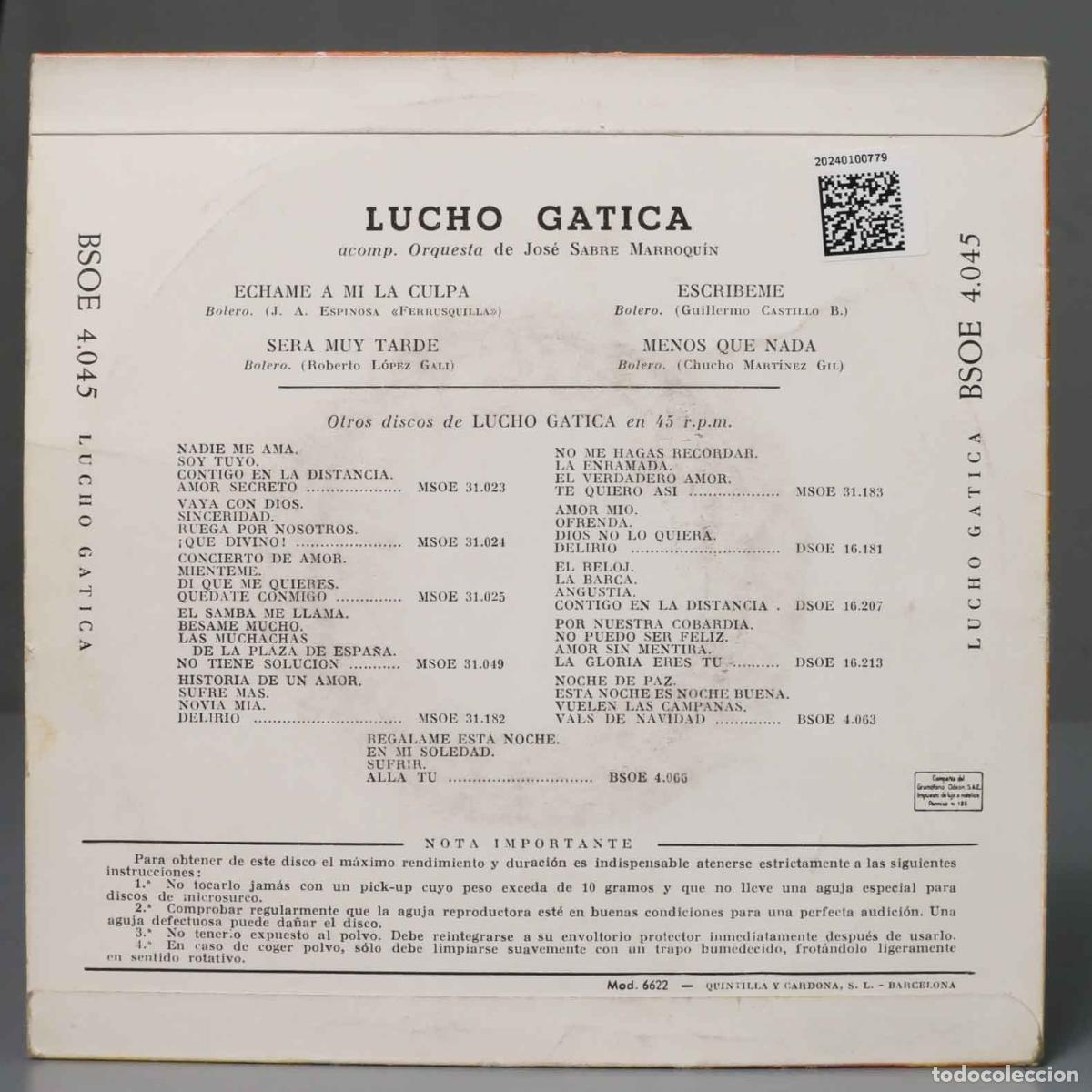 Discos de vinilo: EP. Lucho Gatica &ndash; Echame A Mi La Culpa - Foto 2