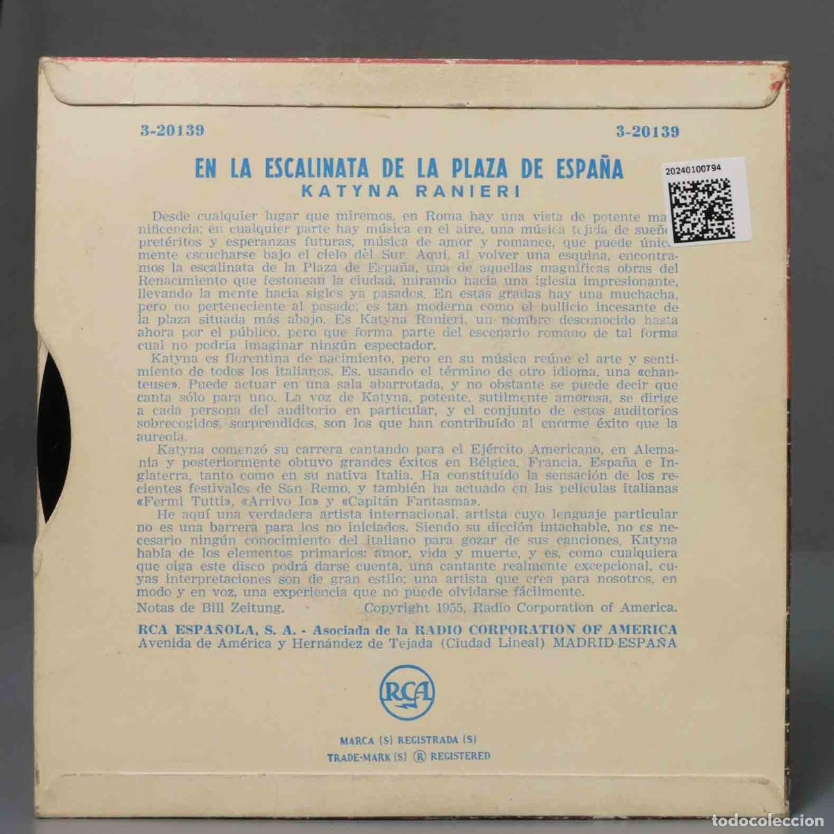 Discos de vinilo: EP. Katyna Ranieri &lrm;&ndash; En La Escalinata De La Plaza De Espa&ntilde;a - Foto 2