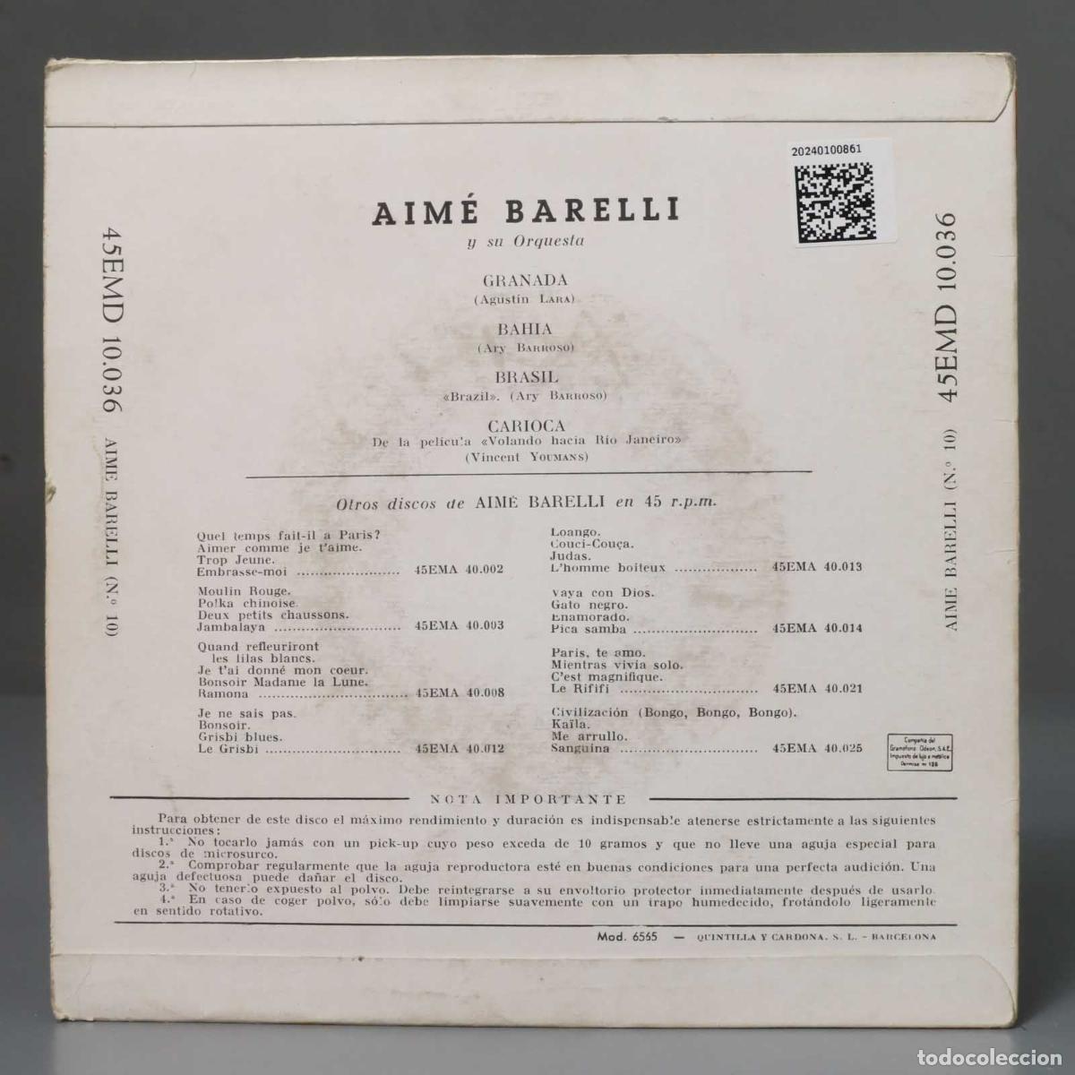 Discos de vinilo: EP. Aim&eacute; Barelli Y Su Orquesta &ndash; N&deg; 10 - Granada - Foto 2