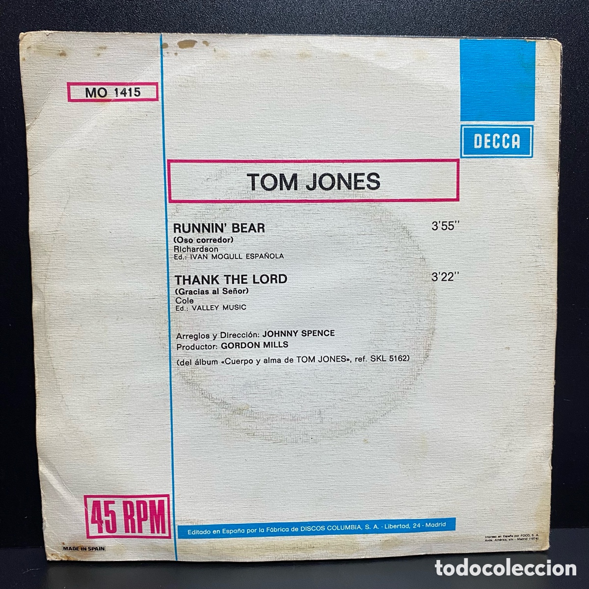 Discos de vinilo: Tom Jones - Runnin Bear = Oso Corredor (7&rdquo;, Single) - Foto 2