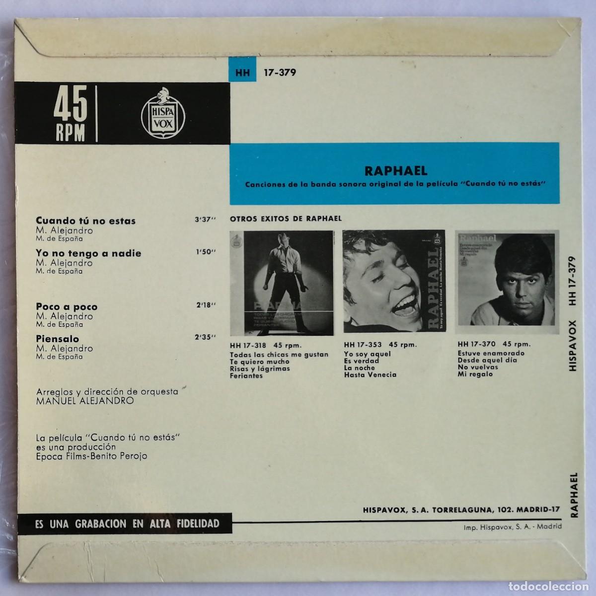 Discos de vinilo: Raphael, Cuando T&uacute; No Est&aacute;s, Hispavox HH 17-379 - Foto 2