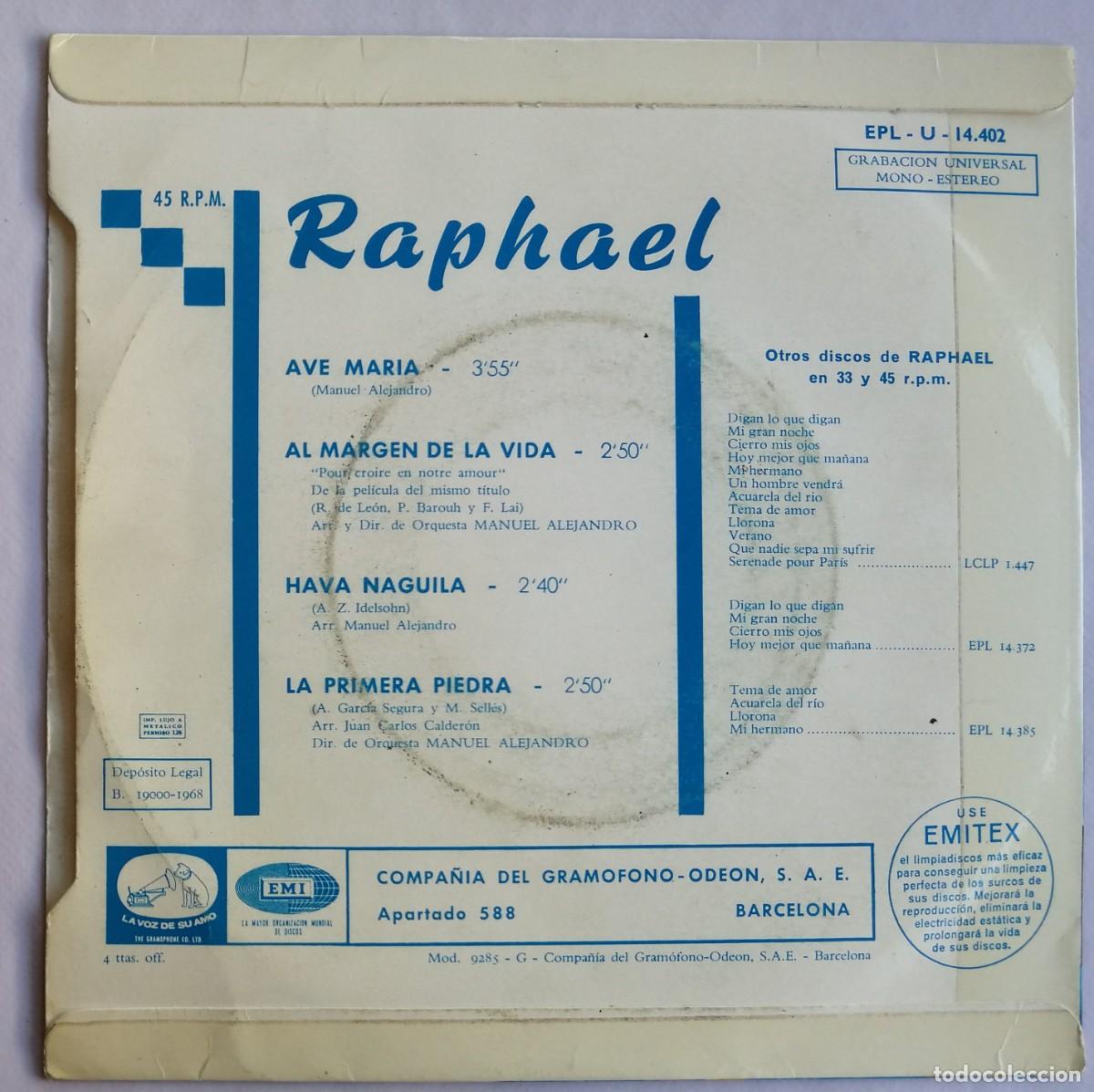 Discos de vinilo: Raphael, Ave Maria, La Voz De Su Amo EPLU 14.402 - Foto 2