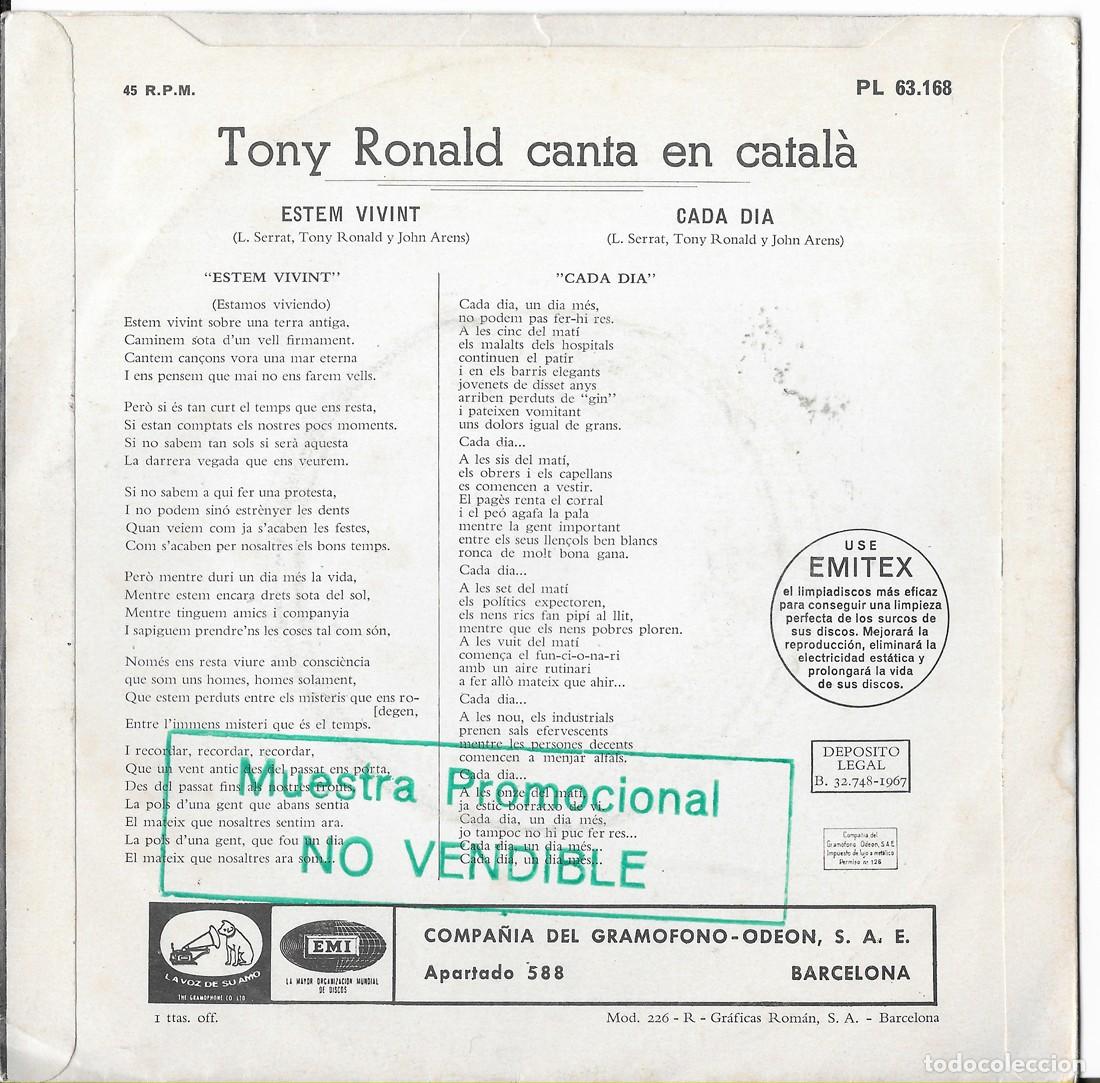 Discos de vinilo: TONY RONALD SINGLE CANTA EN CATALAN PROMOCIONAL - Foto 2