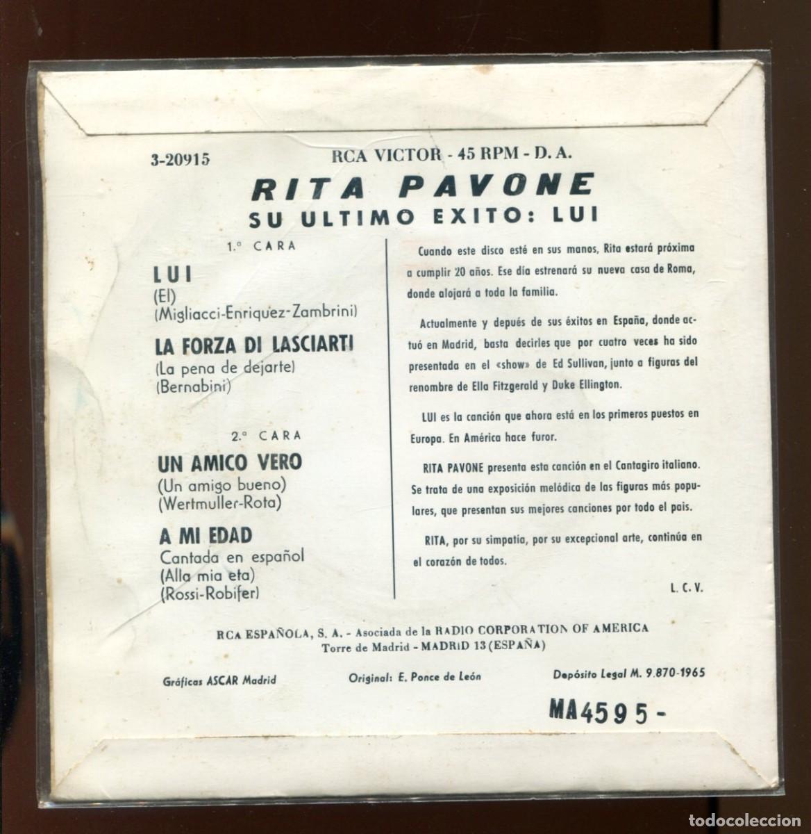 Discos de vinilo: Rita pavone . lui + 3. ep rca victor . - Foto 2