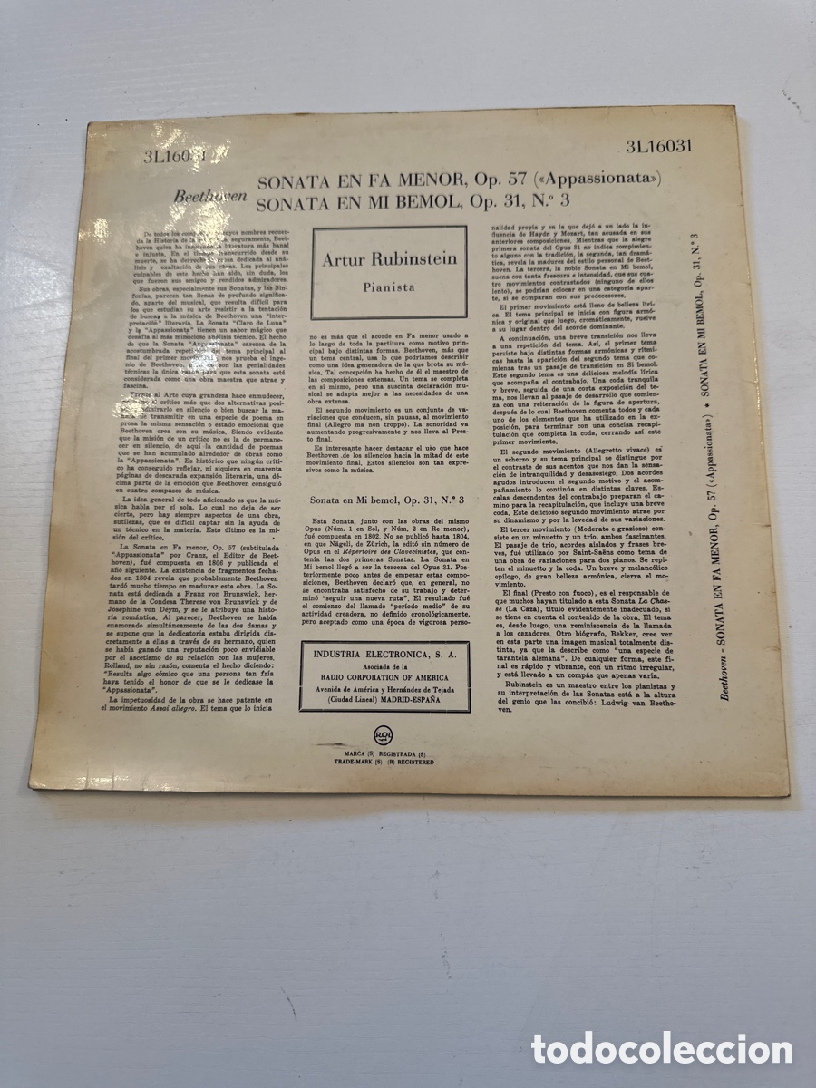 Discos de vinilo: BEETHOVEN - APPASIONATA &hellip; SONATA &hellip; RUBINSTEIN ( Piano ) - Foto 2
