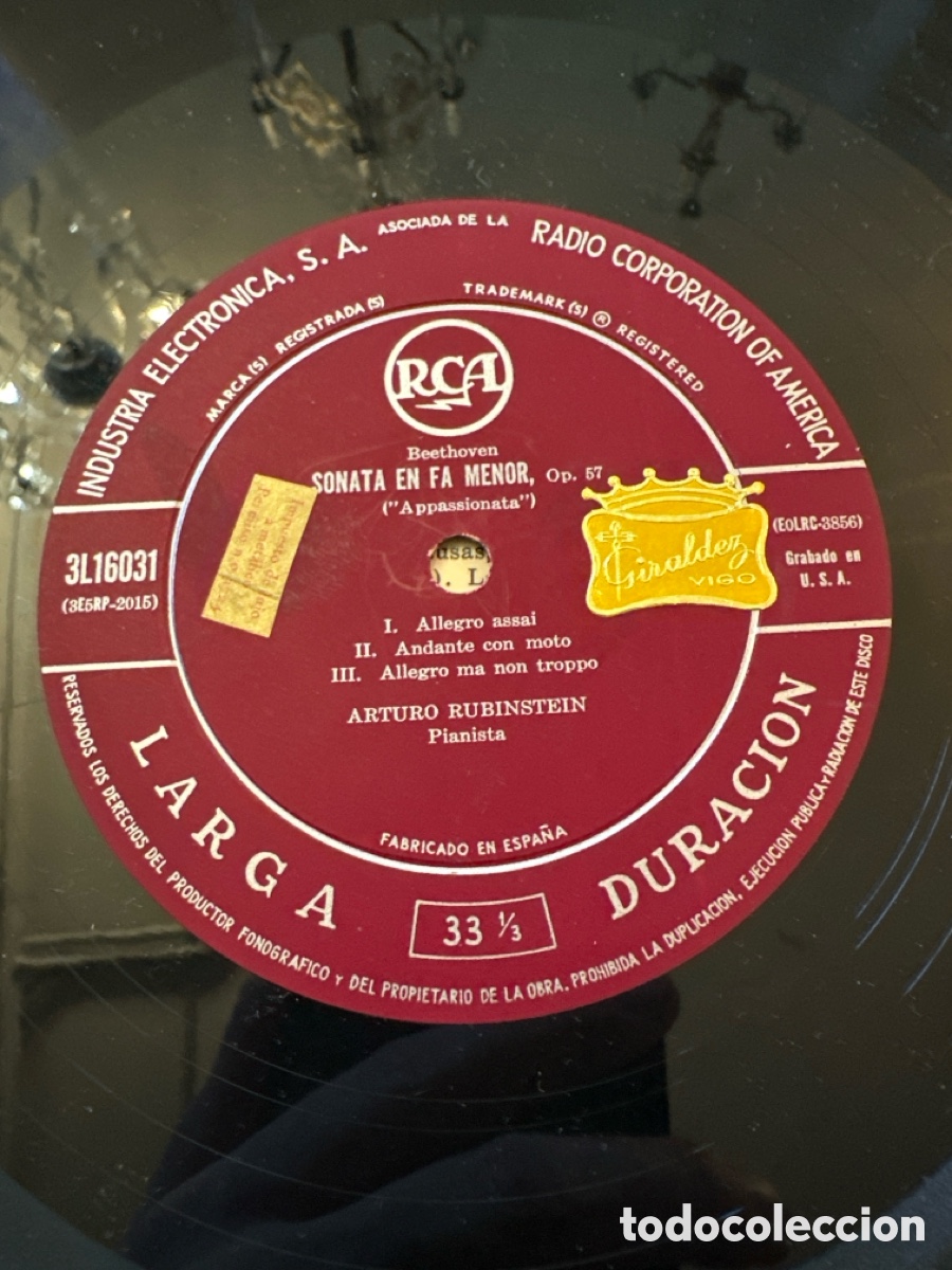 Discos de vinilo: BEETHOVEN - APPASIONATA &hellip; SONATA &hellip; RUBINSTEIN ( Piano ) - Foto 3