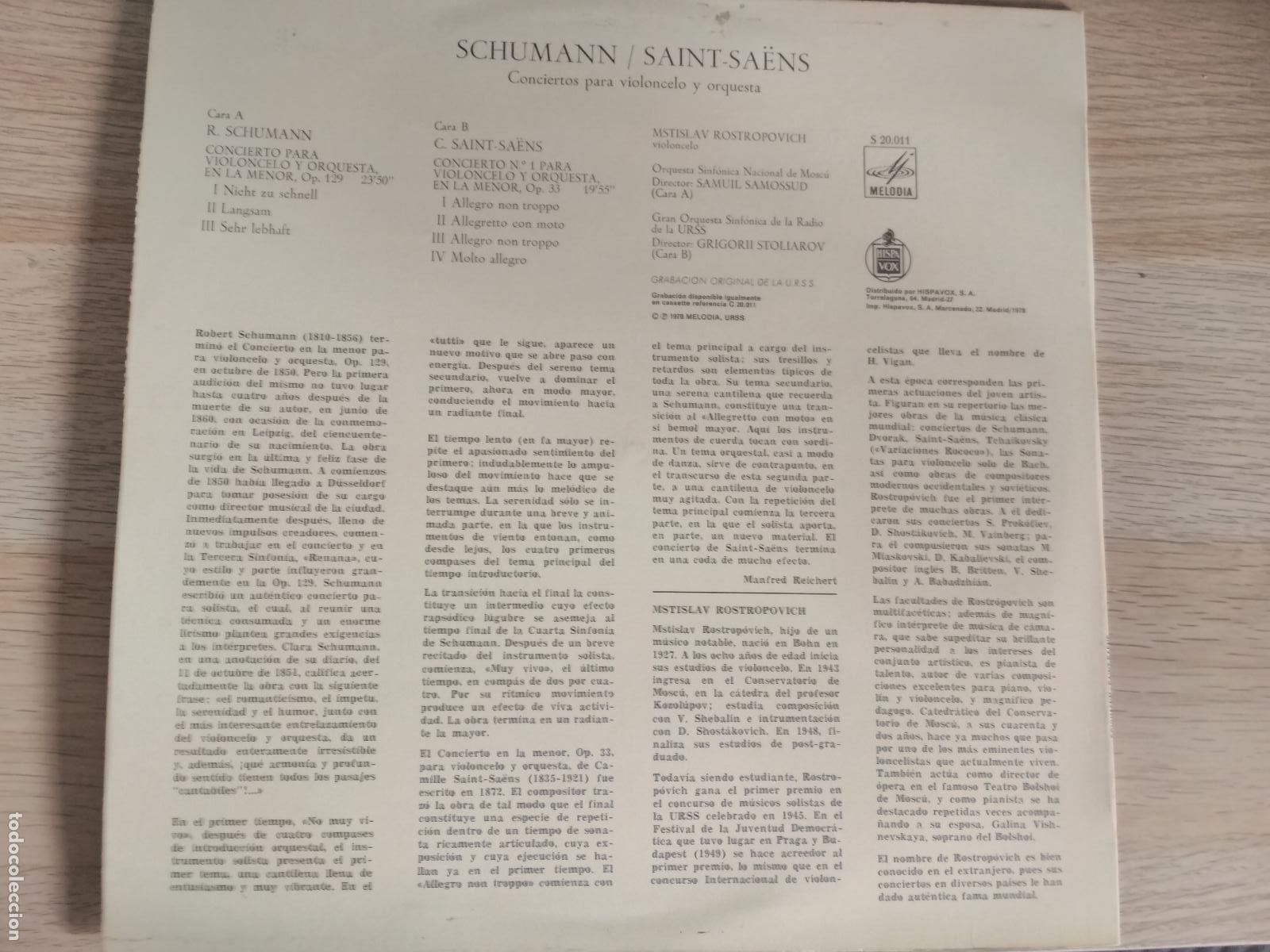 Discos de vinilo: Schumann, Saint-Sa&euml;ns- Mstislav Rostropovich - Foto 3