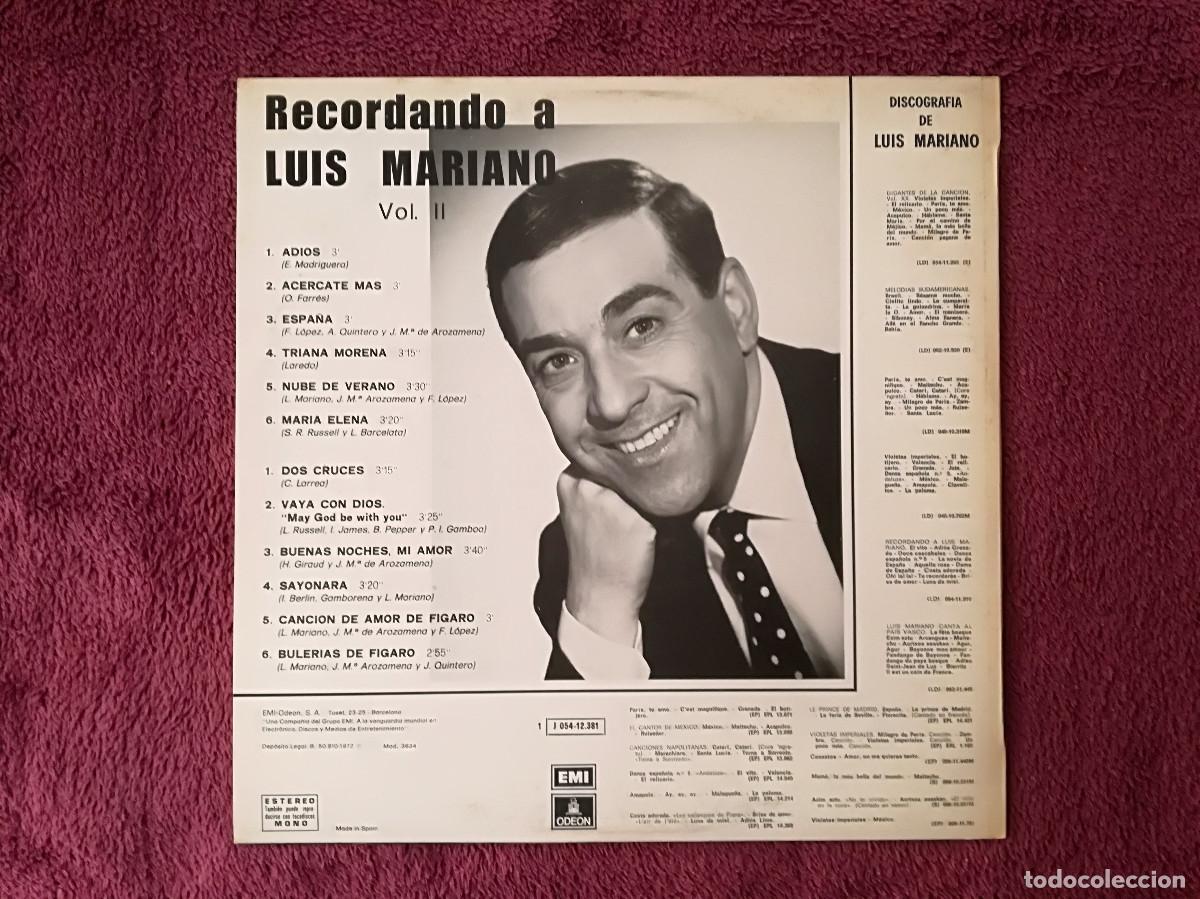 Discos de vinilo: LUIS MARIANO - RECORDANDO A (EMI ODEON) LP - PEDIDO MINIMO 7&euro; - Foto 2