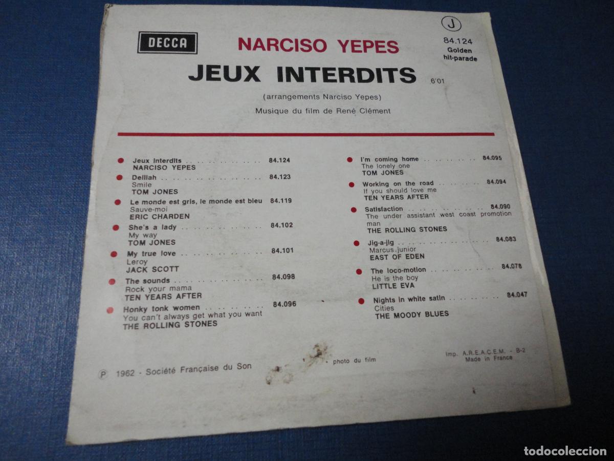 Discos de vinilo: Narciso Yepes &rdquo;Jeux Interdits&rdquo; Single. Decca. 1962 - Foto 2