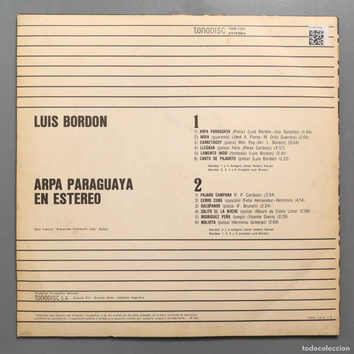 Discos de vinilo: LP. LUIS BORDON - Arpa Paraguaya - Foto 2