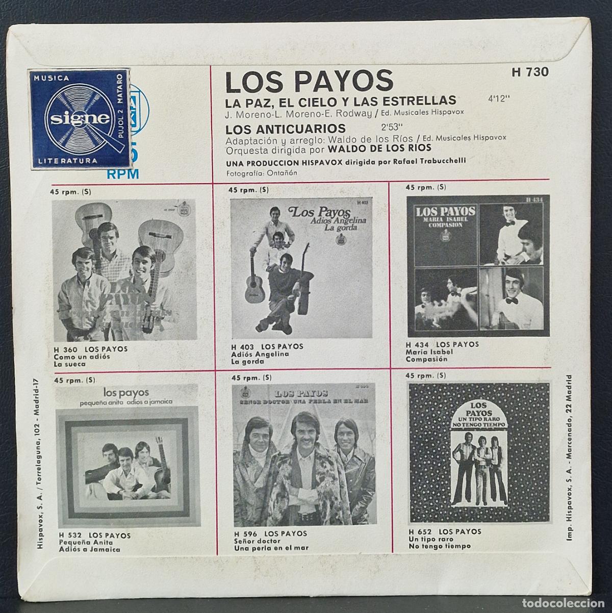 Discos de vinilo: SINGLE LOS PAYOS - LA PAZ EL CIELO Y LAS ESTRELLAS - LOS ANTICUARIOS - Foto 2