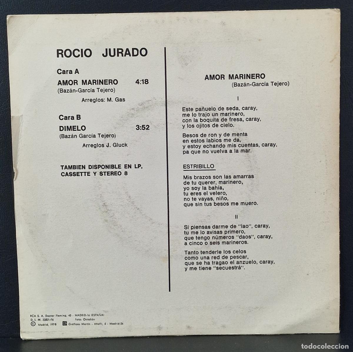 Discos de vinilo: SINGLE ROCIO JURADO - AMOR MARINERO - DIMELO - Foto 2
