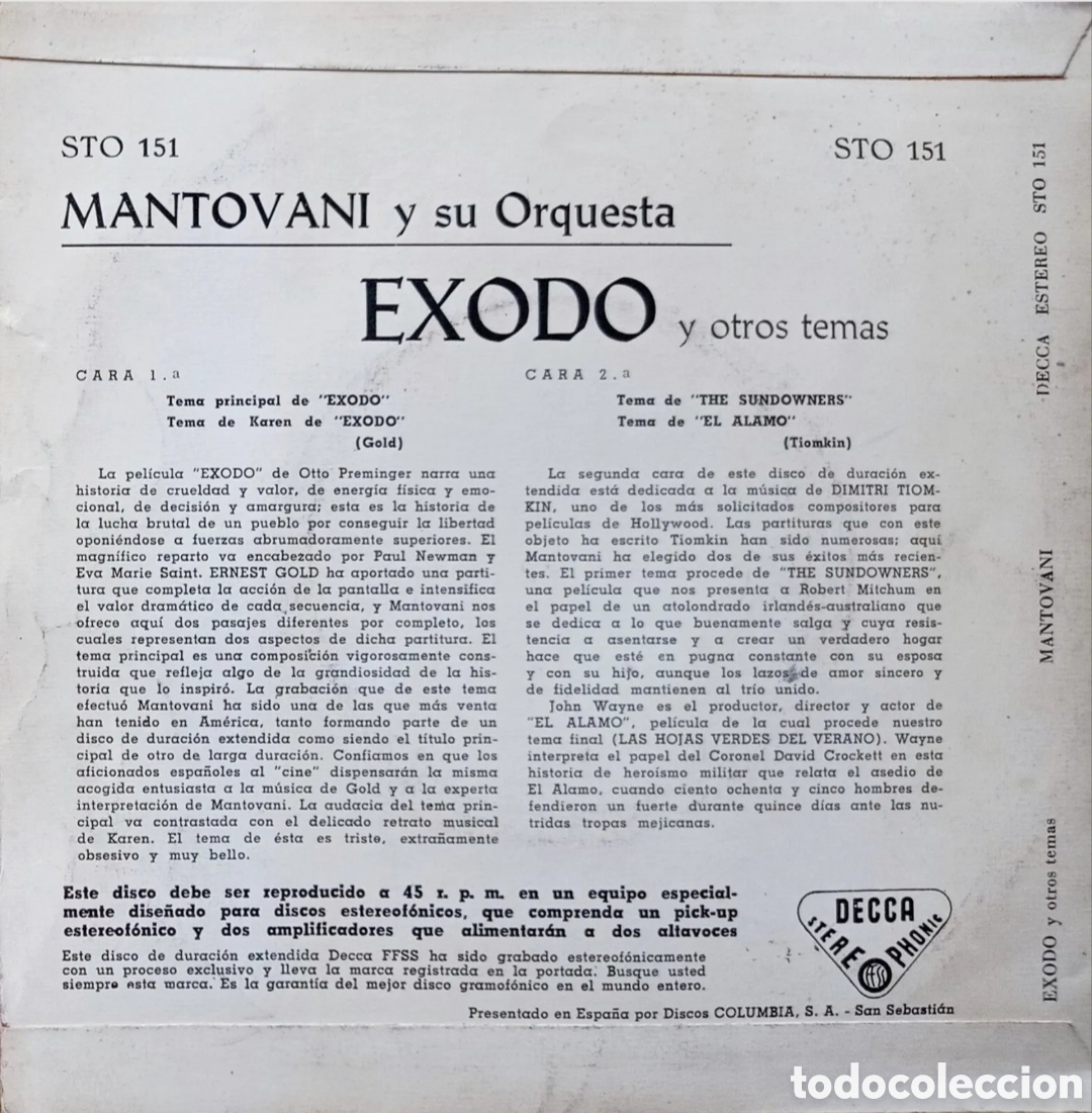 Discos de vinilo: Mantovani: &Eacute;xodo BSO - Foto 2