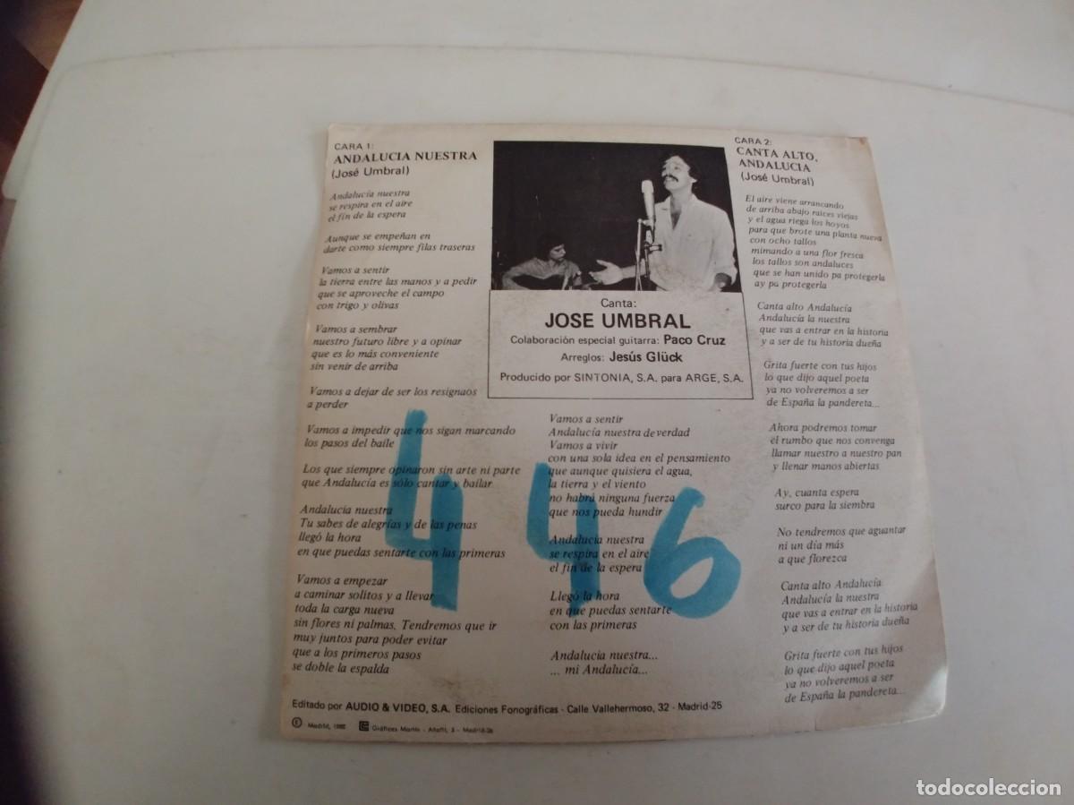 Discos de vinilo: JOSE UMBRAL-SINGLE ANDALUCIA NUESTRA - Foto 2