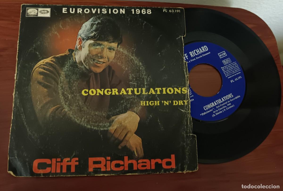 Discos de vinilo: SINGLE CLIFF RICHARD EUROVISI&Oacute;N 1968 CONGRATULATIONS HIGHNDRY ODEON - Foto 1