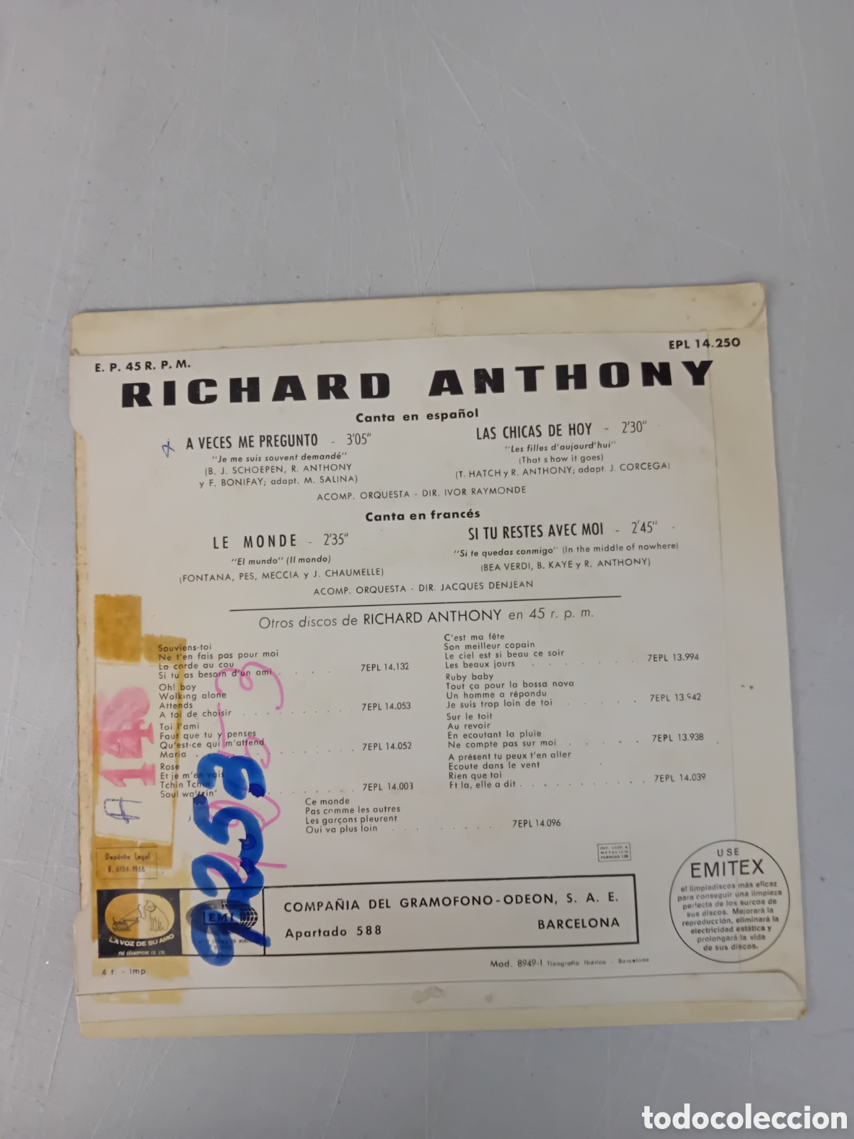 Discos de vinilo: RICHARD ANTHONY. A VECES ME PREGUNTO - Foto 2