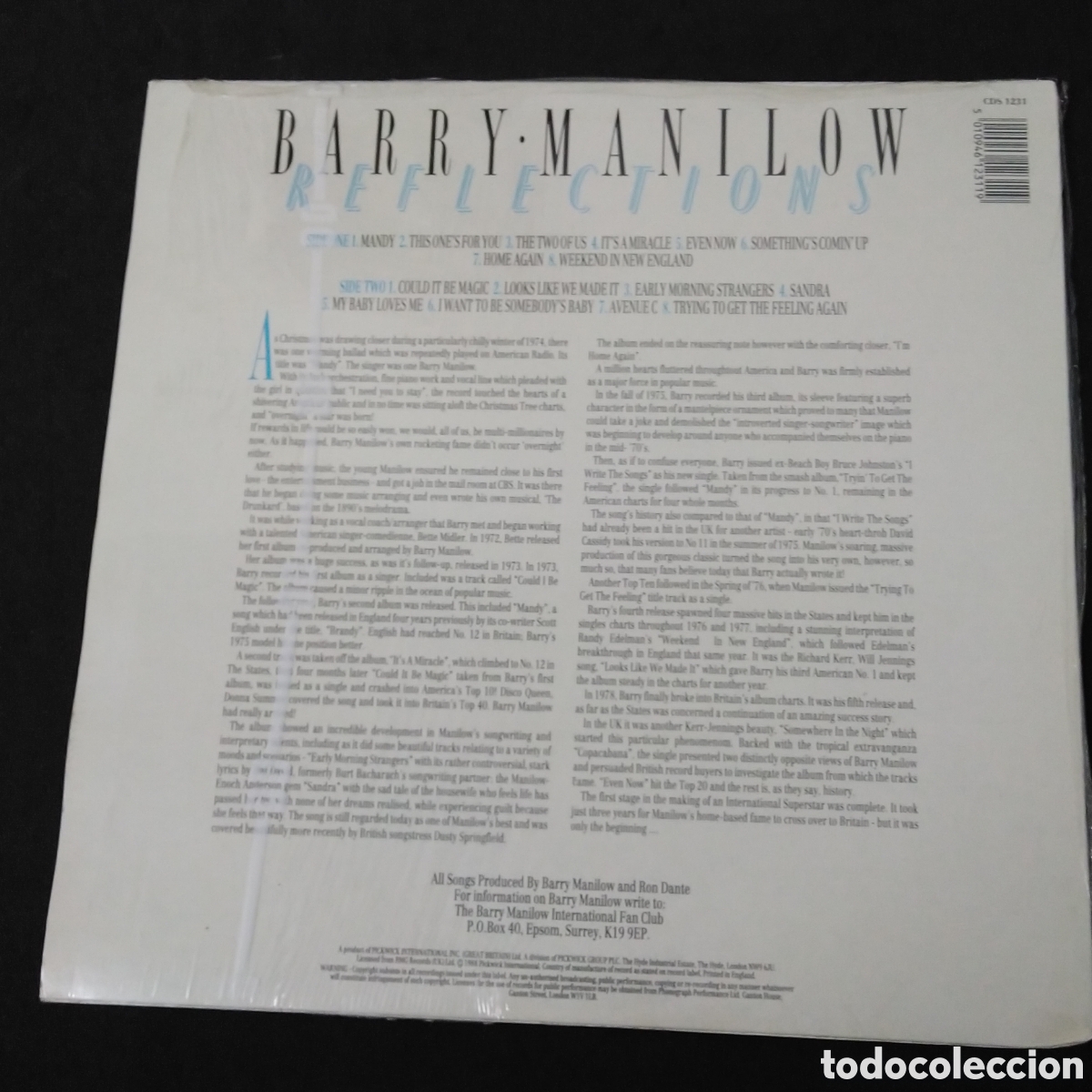 Discos de vinilo: BARRY MANILOW - REFLECTIONS - 1988 - LP - 1982 - Foto 2