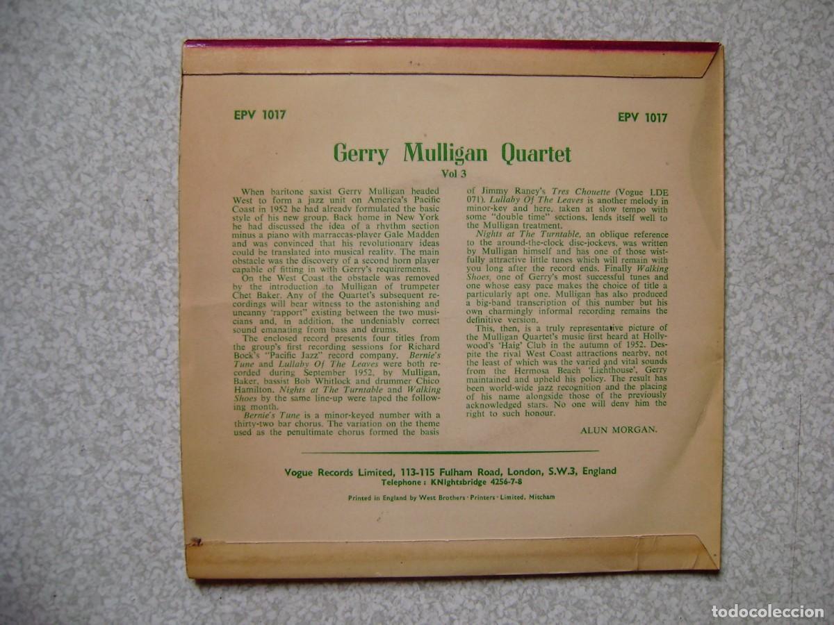 Discos de vinilo: GERRY MULLIGAN QUARTET.BERNIE&acute;S TUNE + 3...DIFICIL - Foto 2