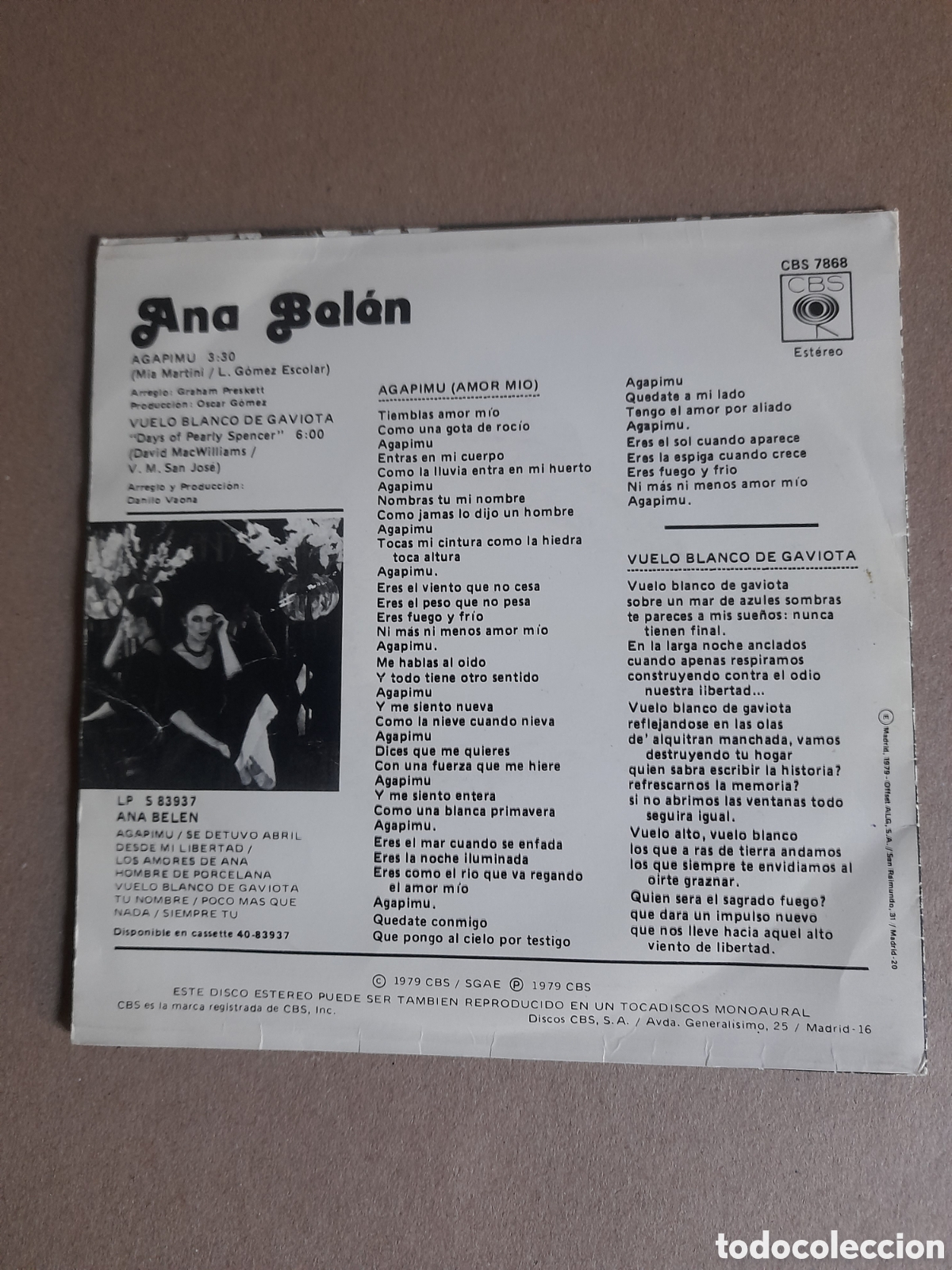 Discos de vinilo: Vinilo, Ana Bel&eacute;n, Agapimu de 1979 - Foto 2