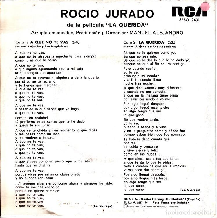 Discos de vinilo: Roc&iacute;o Jurado &ndash; A que no te vas; La querida &ndash; RCA 2401 &ndash; 1976 - Foto 2