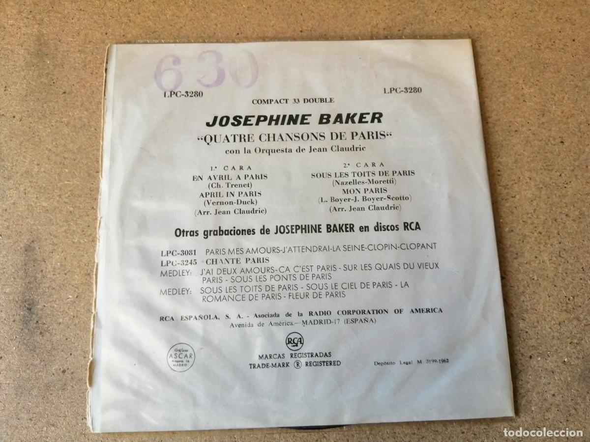 Discos de vinilo: DISCO SINGLE. JOSEPHINE BAKER (QUATRE CHANSONS DE PARIS) - Foto 2