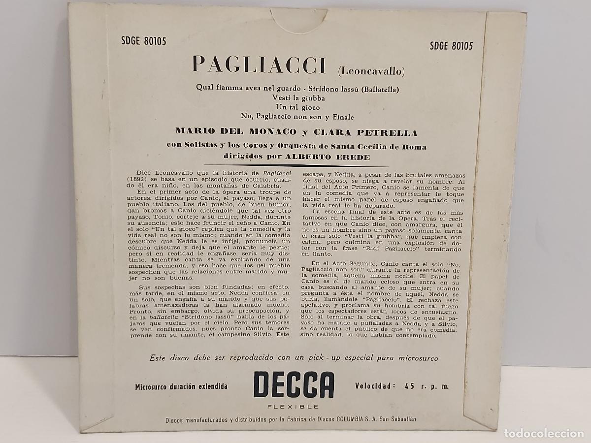 Discos de vinilo: PAGLIACCI / M. DEL MONACO-PETRELLA / DIR: A. EREDE / EP-DECCA-1957 / MBC. ***/*** - Foto 2