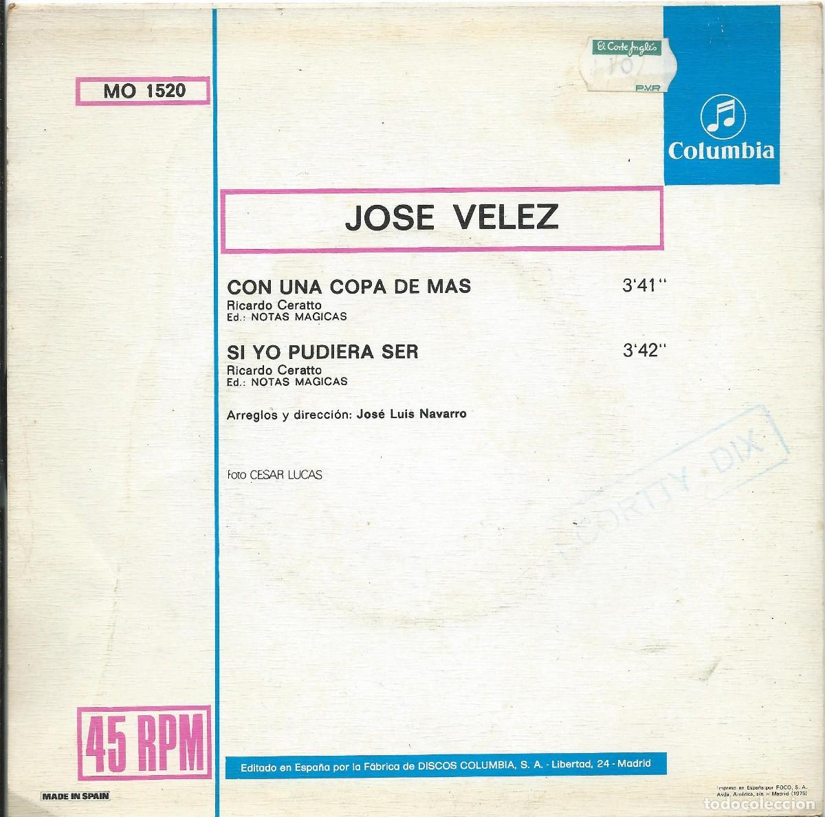 Discos de vinilo: Jos&eacute; Velez Con una copa de m&aacute;s - Foto 2